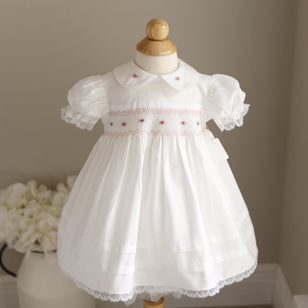 White Smocked Dress 9/12 Month Hand Embroidery Flower Girl Spring Portrait